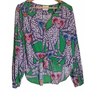 Anthropologie Kendra dandy womens small top animal print tie blouse kelly green